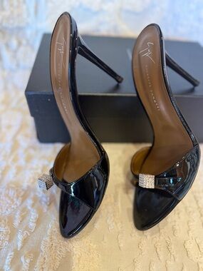 Giuseppe Zanotti Black Patent High Heel Mules with Crystal Accent #595